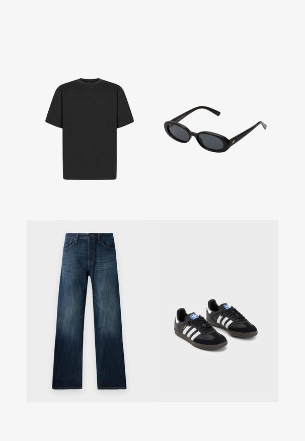 T-shirt nera a maniche corte con collo rotondo e vestibilità ampia. Tessuto morbido con un design minimalista e senza loghi visibili.; Camicia a righe in azzurro chiaro e bianco, modello con bottoni, maniche lunghe e taschino sul petto con logo ricamato. Tessuto in cotone.; Jeans in denim blu scuro con design a gamba dritta, caratterizzati da una texture leggera, passanti per cintura e un classico stile a cinque tasche.; Sneakers neri con tomaia in suede e materiale sintetico, caratterizzati da tre strisce bianche, suola in gomma testurizzata e etichetta blu sul linguetta.; Occhiali da sole neri oversize con lenti ovali, montatura in plastica liscia e accenti dorati sulle tempie. Le lenti scure offrono protezione dal sole.