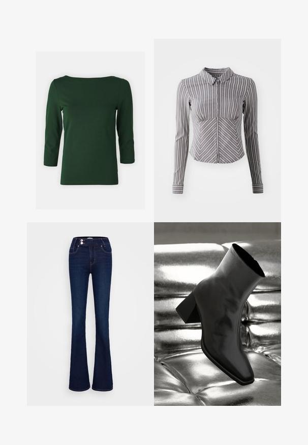 Top verde escuro de mangas longas com decote barco. Textura suave, design justo e mangas de comprimento médio. Sem padrões ou acentos visíveis.; Camisa cinza de manga longa com riscas brancas verticais, gola com colarinho e frente com fecho de zipper. Apresenta um design ajustado e barra inferior arredondada.; Jeans de flair em azul escuro com cintura alta, dois bolsos frontais e dois fechos de botão. Feitos de denim com uma textura suave.; Botim preto de tornozelo feito de material brilhante, com bico quadrado e salto afunilado, posicionado contra um fundo prateado brilhante com detalhes acolchoados.