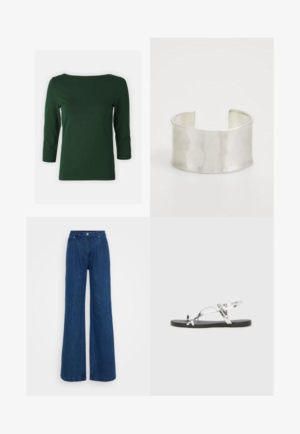Top verde închis, cu mâneci lungi și decolteu bateau. Textură netedă, design ajustat și mâneci de lungime medie. Fără modele sau accente vizibile.; Jeans din denim albastru, cu pantaloni largi, talie înaltă, închidere cu buton și fermoar frontal, și buzunare în față și în spate, pe un fundal simplu.; Sandale metalice argintii cu un design minimal, având curele subțiri și o talpă plată neagră. Printre elementele de atracție se numără accentele cu curele încrucișate.; Zign Brăţară - silver-coloured