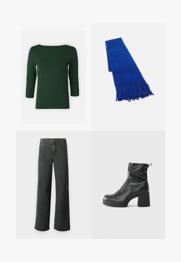 Mörkgrön topp med lång ärm och båthals. Slät textur, figurnära design och ärmar i halv längd. Inga synliga mönster eller accenter.; Videbeniga jeans i mörkgrå denim, med en subtil zebramönstrad struktur, kontrasterande sömmar och fem fickor med knappsgylf.; Svarta ankelstövlar i slitstark läder, med sidodragkedja, kraftig strukturerad klack och rundad tådesign.; Blå vävd scarf med fransade ändar, slät textur, rektangulär form och enhetlig färg över hela. Lämplig för kallt väder.