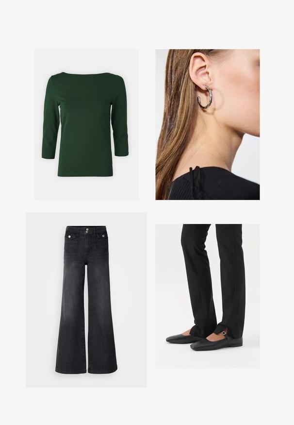 Tamsiai žalia ilgomis rankovėmis palaidinė su laivagalio iškirpte. Sklandi tekstūra, prigludęs dizainas ir vidutinio ilgio rankovės. Nėra matomų raštų ar akcentų.; Juodos džinsinės plačios kojų kelnės su aukštu liemeniu, priekiniais mygtukais ir dviem priekinėmis kišenėmis; glotni tekstūra su šiek tiek išblukusiu įvaizdžiu.; Juodų odinių balerinų batų su smailiu priekiu, juostele su sidabro sagtimi, derinami su juodomis pritaikytomis kelnėmis, turinčiomis plyšinį hemą.; Sidabrinė lankinė auskarai su poliruotu paviršiumi, turintys mažus auksinius akcentus ir apvalią formą, dėvimi ant ausies kaušelio.