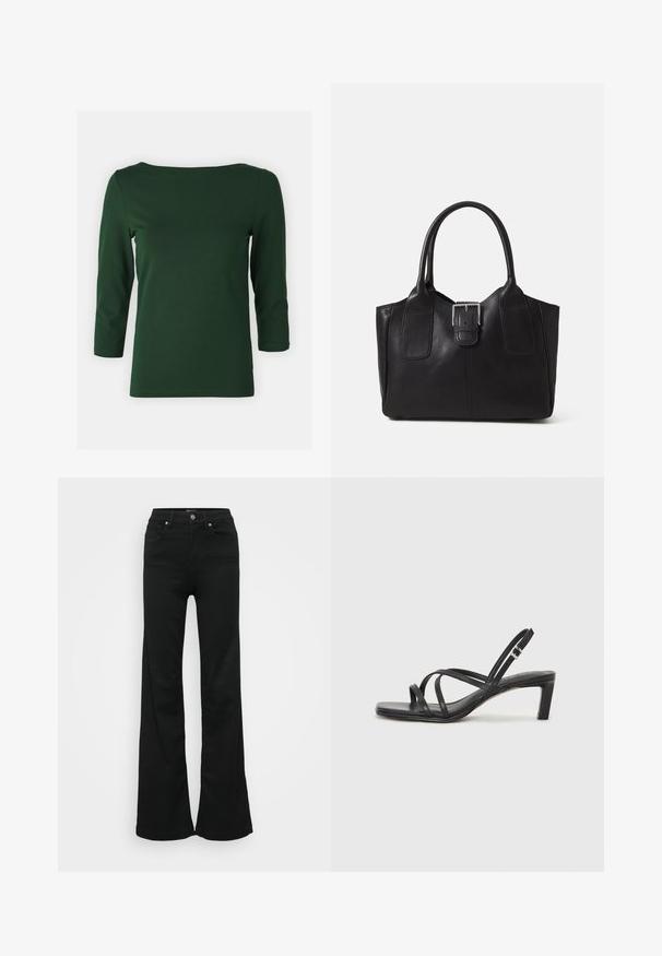 Dunkelgrünes, langärmliges Oberteil mit einem Bootsausschnitt. Glatte Textur, figurbetontes Design und ärmellänge bis zur Mitte des Oberarms. Keine sichtbaren Muster oder Akzente.; Schwarze, ausgestellte Jeans aus Denim, mit hoher Taille, fünf Taschen und Metallknopfverschluss. Glatte Textur mit minimaler Gestaltung.; Schwarze Sandale mit Riemchen, quadratischer Zehenform und niedrigem Blockabsatz. Verfügt über mehrere dünne Riemen und einen verstellbaren Knöchelriemen. Hergestellt aus glattem Leder.; Schwarze Leder-Tote mit glatter Textur, strukturiertem Design, zwei Griffen und einem auffälligen silbernen Schnallen-Detail auf der Vorderseite.