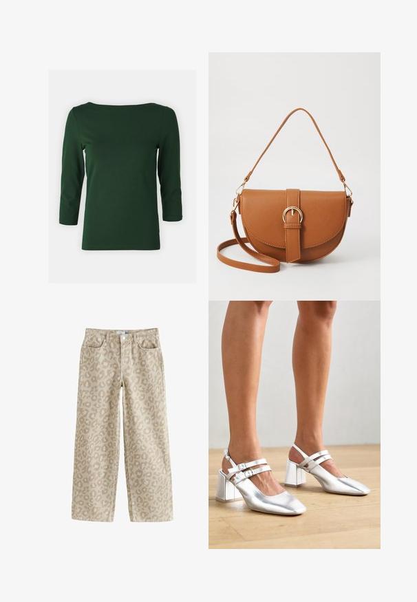 Dunkelgrünes, langärmliges Oberteil mit einem Bootsausschnitt. Glatte Textur, figurbetontes Design und ärmellänge bis zur Mitte des Oberarms. Keine sichtbaren Muster oder Akzente.; Beige weite Jeans mit einem dezenten Leopardenmuster, aus Baumwolle mit glatter Textur, mit Fronttaschen und einem Knopfverschluss am Bund.; Silberne, metallische Blockabsatzschuhe mit spitzem Zehenbereich, doppelten Knöchelriemen mit Schnallen und glatter Oberflächenbeschaffenheit.; Braune Leder-Crossbody-Tasche mit geschwungener Form, goldfarbenen Beschlägen und einer Schnallenakzentuierung. Verfügt über einen abnehmbaren Schultergurt.
