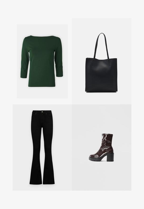 Top verde escuro de mangas longas com decote barco. Textura suave, design justo e mangas de comprimento médio. Sem padrões ou acentos visíveis.; Jeans pretos de cintura alta com fecho de botão e zíper, bolsos frontais e pernas largas dispostos em cima de um fundo branco.; Bota de tornozelo burgundy brilhante com um salto preto robusto, apresentando uma textura suave e um design simples. Sem fechos ou padrões visíveis.; Bolsa tote preta em couro com textura lisa, forma retangular e duas alças longas. Sem hardware ou enfeites visíveis.