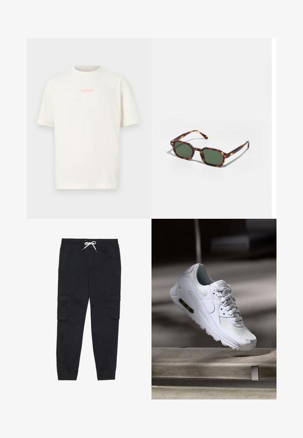 Κοντομάνικο κρεμ μπλουζάκι από βαμβάκι, με ένα μικρό ροζ λογότυπο "Hollister" στην περιοχή του στήθους, σε καθαρό και απλό σχέδιο.; Μαζίνα cargo παντελόνια σε μαύρο χρώμα, κατασκευασμένα από βαμβάκι, με ελαστική μέση και κορδόνι, πλευρικές τσέπες και στενές μανσέτες.; Λευκό αθλητικό παπούτσι Nike Air Max 90 με άνω μέρος από διχτυωτό και δερμάτινο υλικό, τρυπητό μπροστινό μέρος και ορατή μονάδα αέρα στη φτέρνα.; Γυαλιά ηλίου από κέλυφος χελώνας με πράσινους φακούς, σε οκταγωνικό σχήμα και λεπτά, καμπυλωτά μπράτσα. Το υλικό έχει γυαλιστερή φινιστρίν.