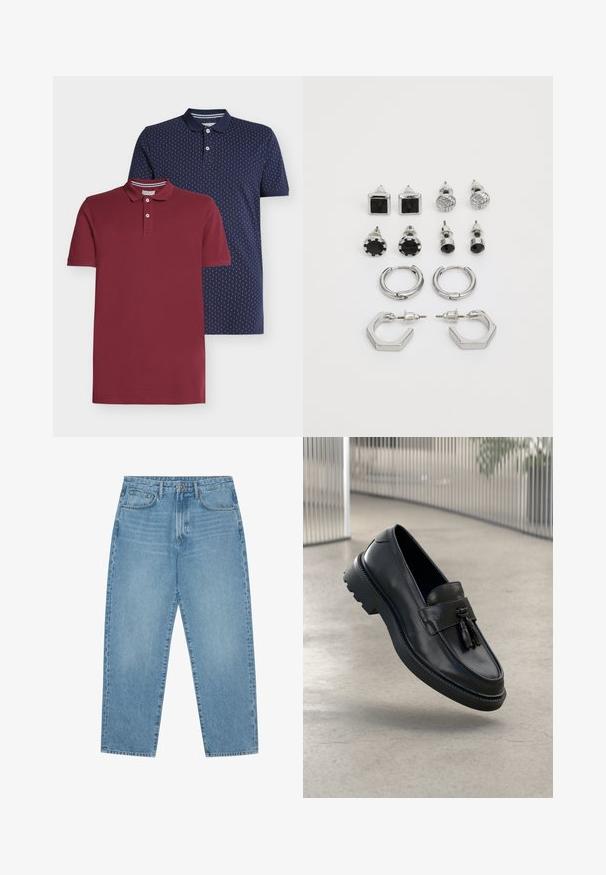 Two polo shirts: one solid burgundy, the other navy with a small white pattern. Both feature button plackets and contrasting collar stripes.; Light blue denim jeans with a straight-leg cut, five-pocket design, and a slightly faded texture. Features a button and zipper closure.; Black leather loafers with a smooth finish, decorative tassel, thick rubber sole, and stitched accents. Lightweight and sleek design.; Silver-tone earrings set, featuring two pairs of hoop earrings and six stud pairs with various shapes and textures, including black accents.