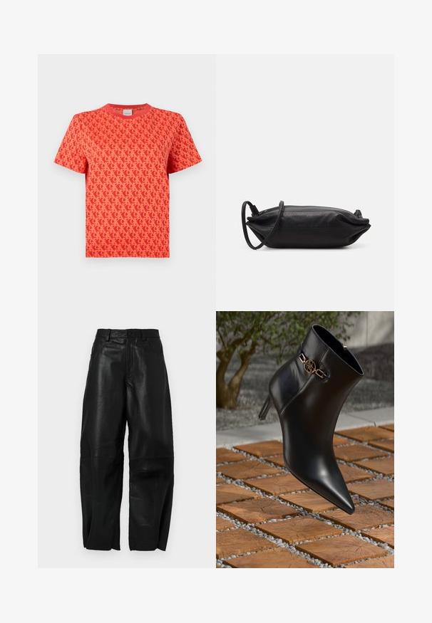 Raudonas trumpomis rankovėmis marškinėliai su kartojančiuoju logotipu tamsesnio atspalvio. Klasikinio kirpimo, su apvalia iškirpte ir minkšta tekstūra.; Juodos odinės kelnės su laisvu siluetu, tiesios kojos dizainu, priekinėmis kišenėmis ir matomais siuvimo detalėmis.; Juodas odinis kulkšninis botas su smailiu nosiu ir mažu kulnu. Pabrėžtas auksinės grandinėlės akcentas ant kulkšnies. Aplinkui – tekstūruotas akmeninis paviršius.; Juodas odinis vakarėlių krepšys, stačiakampio formos, lygiu paviršiumi, plonu peties dirželiu ir minimalistiniu dizainu.