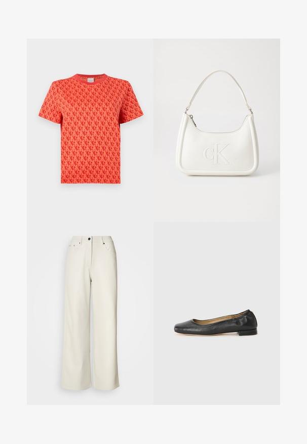 Sarkans īsām piedurknēm T-krekls ar atkārtotu logotipa rakstu tumšākā tonī. Klasiskā piegriezne ar apaļu kakla izgriezumu un mīkstu tekstūru.; Krēmkrāsa platās bikses, izgatavotas no gludas auduma. Iezīmē vidēji augstu jostasvietu, rāvējslēdzi un divas priekšējās kabatas ar melniem aksesuāriem.; Melnas ādas baleta kurpes ar noapaļotu purngali un minimālu šuvju skaitu. Zemas, taisnstūra formas papēdis un gluda tekstūra. Smalka iekšējā oderes detaļa.; Balta ādas rokassoma ar noapaļotu formu, uz kuras priekšpuses ir izgriezts "CK" logo un viena plecu siksna. Augšā aizverama ar rāvējslēdzēju.