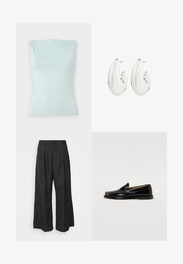 Svetlomodrý top bez rukávov z hladkej tkaniny. Obsahuje okrúhly výstrih a priliehavý strih s minimálnym množstvom švov.; Čierne široké nohavice s pásikmi a skladaním, s prispôsobeným strihom a jemnou textúrou. Bez viditeľného hardvéru alebo akcentov.; Čierne kožené poltopánky s okrúhlym prstom, dekoračným šitím a plochou podrážkou. Hladký povrch a minimalistický dizajn.; Náušnice striebornej farby s predĺženým, zakriveným dizajnom. Hladký, odrážajúci povrch s prešitou zarážkou.