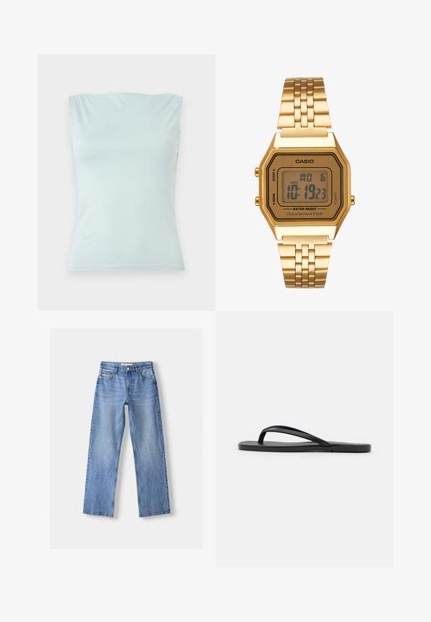 Svetlomodrý top bez rukávov z hladkej tkaniny. Obsahuje okrúhly výstrih a priliehavý strih s minimálnym množstvom švov.; Svetlomodré džínsy s rovnými nohavicami, ktoré majú päť vreciek, predné zapínanie na gombík a jemné opotrebovanie pre textúru.; Čierne žabky s minimalistickým dizajnom, rovnou podrážkou, úzkymi popruhmi a hladkým povrchom. Bez ďalších vzorov alebo akcentov.; Zlaté digitálne hodinky s obdĺžnikovým ciferníkom, LCD displejom, nerezovým pásikom a tlačidlami na boku. Obsahujú označenie vodeodolnosti.