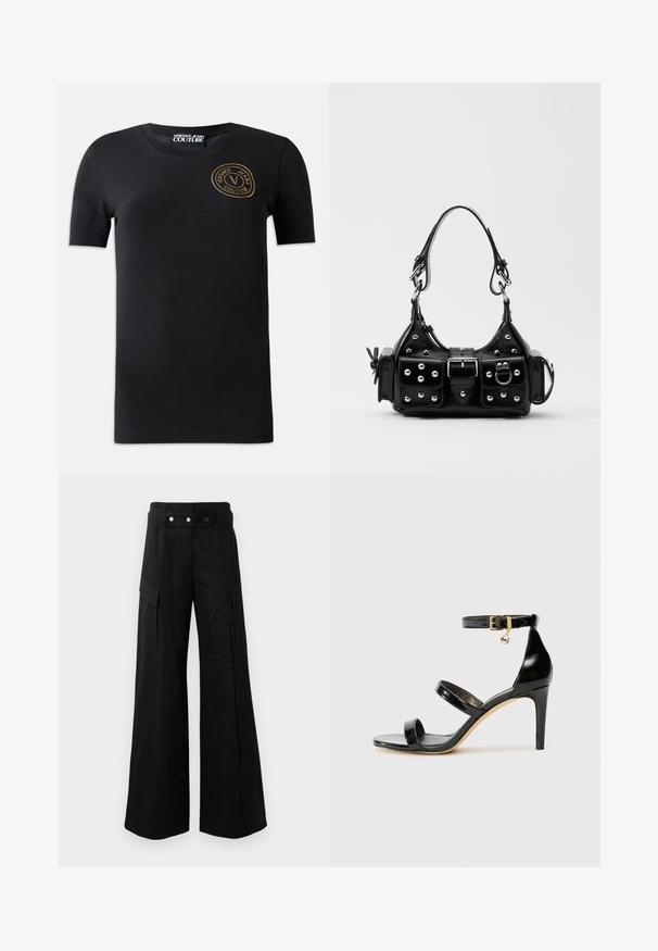 Juodas trumpomis rankovėmis T-shirt, pagamintas iš medvilnės, su auksiniu apvaliu logotipu ant krūtinės su užrašu "Versace Jeans Couture". Lygus paviršius.; Juodos platėjančios kelnės su aukštu juosmeniu, turinčios dideles šonines kišenes, dvi priekinės mygtukus ir kilpelės detalę. Pagamintos iš tvirto audinio.; Juodas patentuotas odinis sandalai su trimis diržais, kulkšnies sagtimi ir 4 colių stiletto kulnu. Yra aukso detalės ir logotipo žavesys.; Juodas odinis rankinukas su kreiviu dizainu, su sidabro spalvos knopkėmis, užsegimu ir dviem šoninėmis kišenėmis. Reguliuojama dirželis nešimui.