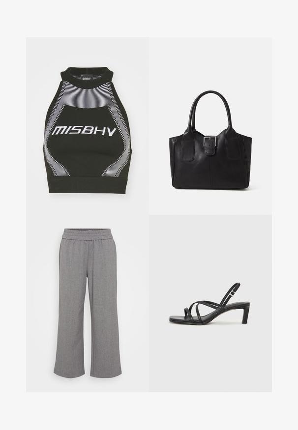 Sort halterneck cropped top med høj krave, prydet med hvide stribede detaljer og 'MISBHV' logo, lavet af et glat, strækbart stof.; Grå, vide bukser lavet af et tekstureret stof med elastisk talje. Har et subtilt mønster uden lommer eller lukninger.; Sort remsandale med firkantet tå og en lav blokeret hæl. Har flere tynde stropper og en justerbar ankelrem. Fremstillet af glat læder.; Sort læder tote taske med glat tekstur, struktureret form, to håndtag og en fremtrædende sølvspænde detalje på forsiden.