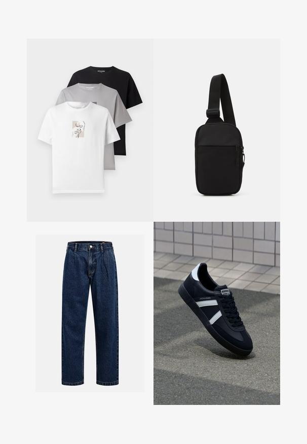 Tri majice u bijeloj, sivoj i crnoj boji. Kratki rukavi, okrugli izrezi. Bijela majica ima suptilan grafički dizajn lubanja. Pamuk.; Tamno plave traperice s ravnim krojem. Imaju vidljivo šivanje, kopčanje na dugme i prednje nabore za dodatne detalje.; Crne kožne tenisice s bijelim prugama, strukturirana gumena potplate i vezanjem sprijeda. Ima oznaku brenda na jeziku.; Crna torba preko tijela napravljena od izdržljive tkanine, s jednim podesivim remenom, glavnim odjeljkom na patentni zatvarač i prednjim džepom.