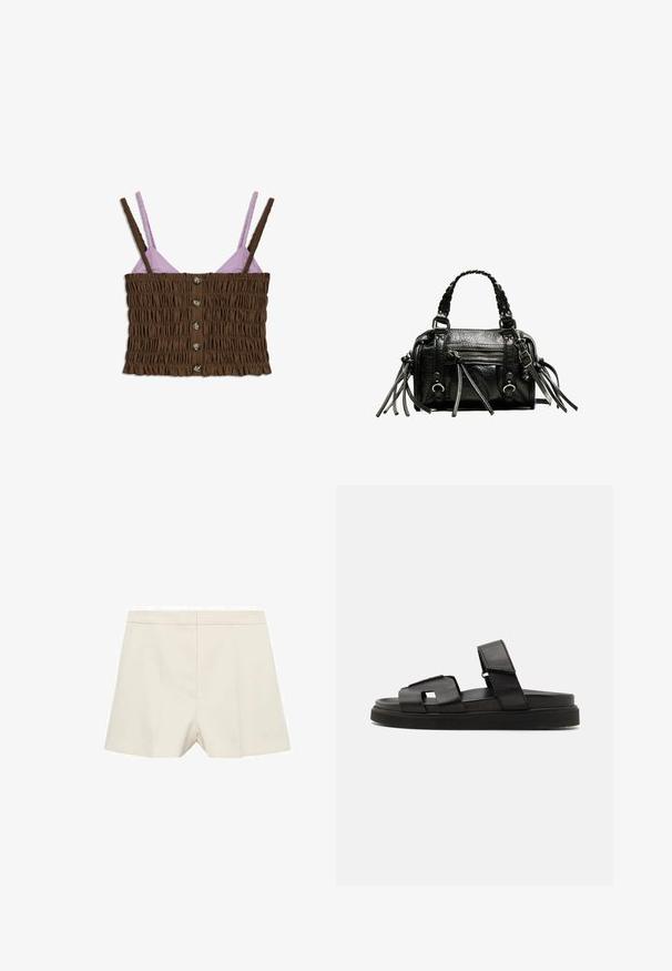 Braunes und lavendelfarbenes, gekürztes Oberteil mit Raffung, verstellbaren Spaghettiträgern und Knopfverschluss vorne. Glatte Textur mit kontrastierenden Farben.; Cremfarbene Shorts mit einer maßgeschneiderten Passform, die eine glatte Textur, eine flache Vorderseite und subtile Falten aufweisen. Schlichtes Design ohne Verzierungen.; Schwarze Leder-Sandalen mit flachen Sohlen, breiten Riemen und einem quadratischen Ausschnitt. Texturierte und glatte Oberflächen. ; Schwarze Lederhandtasche mit geflochtenen Tragegriffen, texturiertem Oberflächen, einem Reißverschluss-Frontfach und dekorativen Fransenakzenten. Kompakte und strukturierte Form.