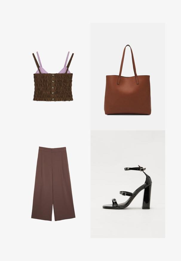 Brązowy i lawendowy krótki top z marszczeniami, regulowanymi ramiączkami typu spaghetti oraz zapięciem na guziki z przodu. Gładka faktura z kontrastującymi kolorami.; Brązowe spodnie o szerokich nogawkach z gładką fakturą, z wysokim stanem i plisami z przodu. Materiał jest lekki i luźno opada.; Czarne lakierowane sandały na obcasie z kwadratowym noskiem, z paskami wokół kostki i srebrnymi klamrami. Posiadają masywny słupek dla stabilności.; Brązowa skórzana torba tote o gładkiej fakturze, z otwartym wierzchem i dwoma ramiączkami. Charakteryzuje się minimalnym przeszyciem i brakiem widocznych elementów metalowych.