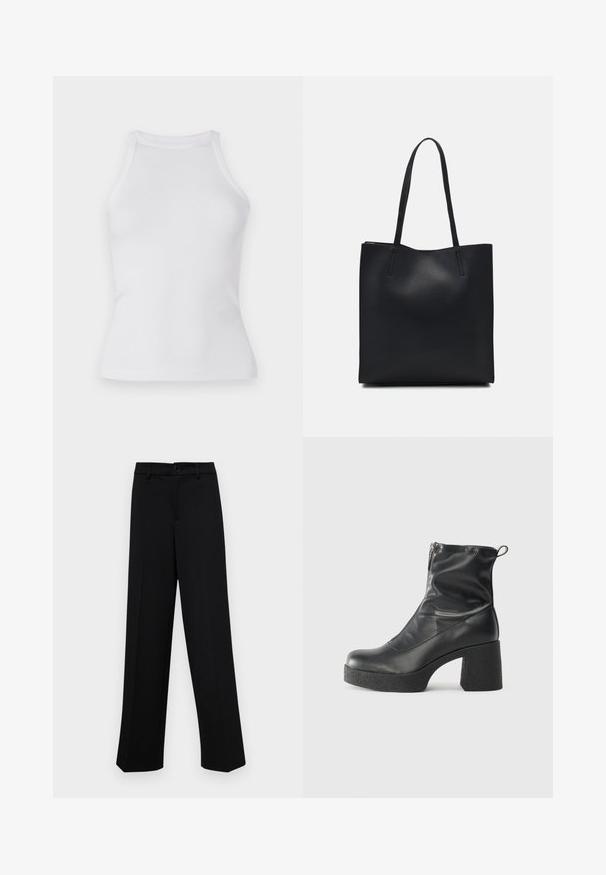 Bijela rebrasta majica bez rukava sa prilagođenim dizajnom i okruglim izrezom. Izrađena od rastezljivog materijala za udobnost i lakše kretanje.; Crne široke hlače od glatkog materijala, s klasičnim pojasom koji se zatvara dugmetom i prednjim naborima.; Crne gležnjače od glatke kože, s bočnim zatvaračem, debelim teksturiranim potplatom i dizajnom s zaobljenim prstima.; Crna kožna torba za nošenje s glatkom teksturom, pravokutnim oblikom i dvije duge ručke. Nema vidljivih metalnih dijelova ili ukrasa.