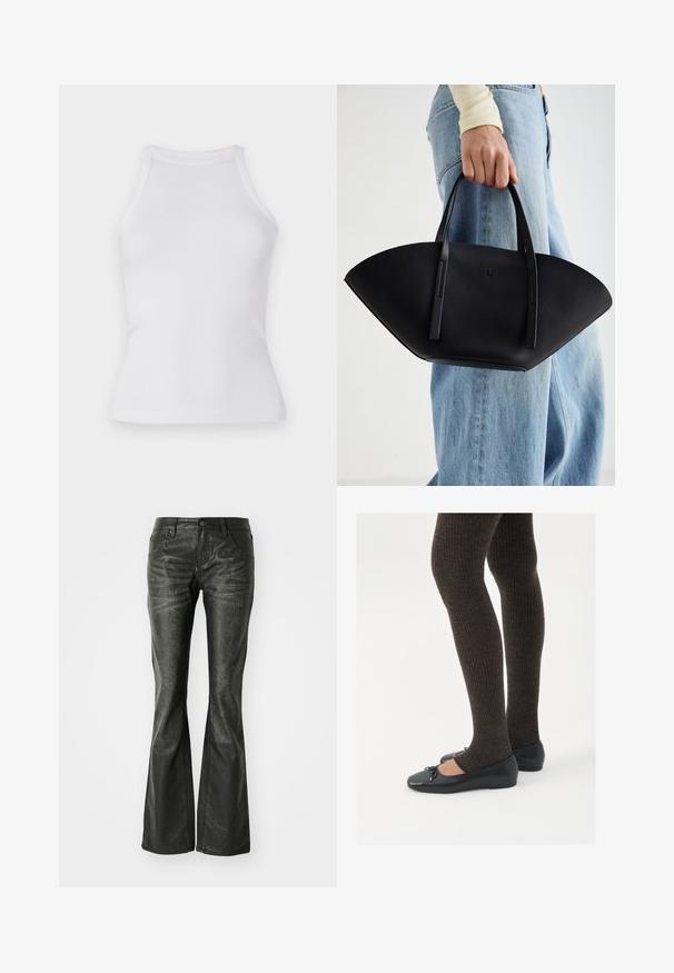 Top alb cu dungi, cu un design ajustat, decolteu rotund și fără mâneci. Fabricat din material elastic pentru confort și ușurință în mișcare.; Jeans din piele ecologică negri, cu buzunare frontale, închidere cu buton metalic și o suprafață ușor texturată. Croială dreaptă cu tăiere lungă.; Pantofi negri cu un detaliu mic de fundiță la vârf, asortați cu colanți maro închis, cu textură ondulată. Pantofii au o textură netedă și un profil joase.; Geantă de piele neagră cu o formă unică de evantai, având mânere plate. Suprafața are o textură cu mici granule și un design minimalist.