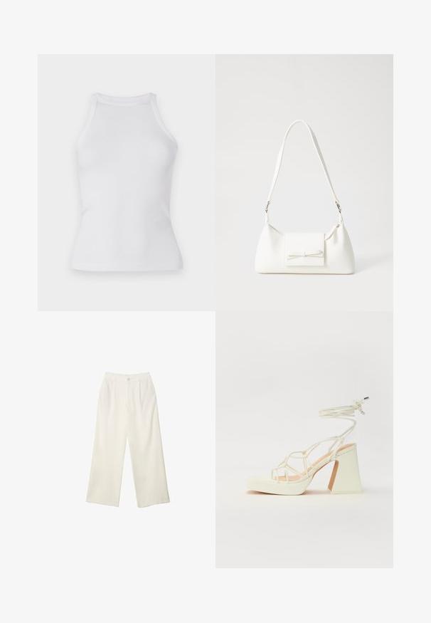 Top in cotone bianco a coste con un design aderente, scollatura rotonda e senza maniche. Realizzato in tessuto elastico per comfort e facilità di movimento.; Pantaloni a gamba larga in tessuto crema con una texture liscia, caratterizzati da un singolo bottone frontale, pieghe sottili e un design a vita alta.; Sandalo bianco con tacco alto, caratterizzato da un design a cinturini e un legaccio alla caviglia. Texture liscia con una piattaforma frontale per un'altezza aggiuntiva.; Borsa sintetica bianca a forma triangolare, con patta anteriore piatta e dettaglio a fiocco, tracolla regolabile, texture liscia e design minimalista.