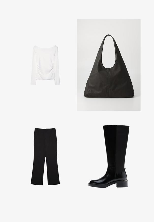 Langærmet hvid bluse med en bred halsudskæring og gather-detalje på ryggen. Glat tekstur, tætsiddende design.; Sorte bukser med lige pasform, der har frontlommer og slidser i kanten. Lavet af blødt, glat stof. Velegnet til forskellige anledninger.; Sort knæhøj støvle med glat læderfinish, tydelig syning, en klodset hæl og en struktureret bagpanel for ekstra interesse.; Sort læder tote bag med et buet håndtag, forlænget trekantet form og glat tekstur. Har et minimalistisk design uden synligt hardware.