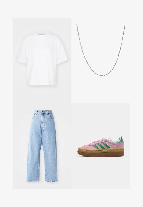 Weißes Baumwoll-T-Shirt mit Rundhalsausschnitt, kurzen Ärmeln und lockerer Passform. Verfügt über ein dezentes Logo auf der linken Brustseite. Glatte Textur.; Hoch-taillierte hellblaue Jeans mit geraden, weiten Beinen, vorderem Knopf, Reißverschluss und Front- sowie Gesäßtaschen.; Rosa Wildledersneaker mit grünen Streifen, weißen Akzenten und einer braunen Gummisohle. Verfügt über strukturierten Stoff und Logodetails an der Seite.; Silberne Kettenhalskette mit einem glatten, runden Flachglieddesign. Verfügt über eine glänzende Oberfläche und hat eine Länge von etwa 50 cm.