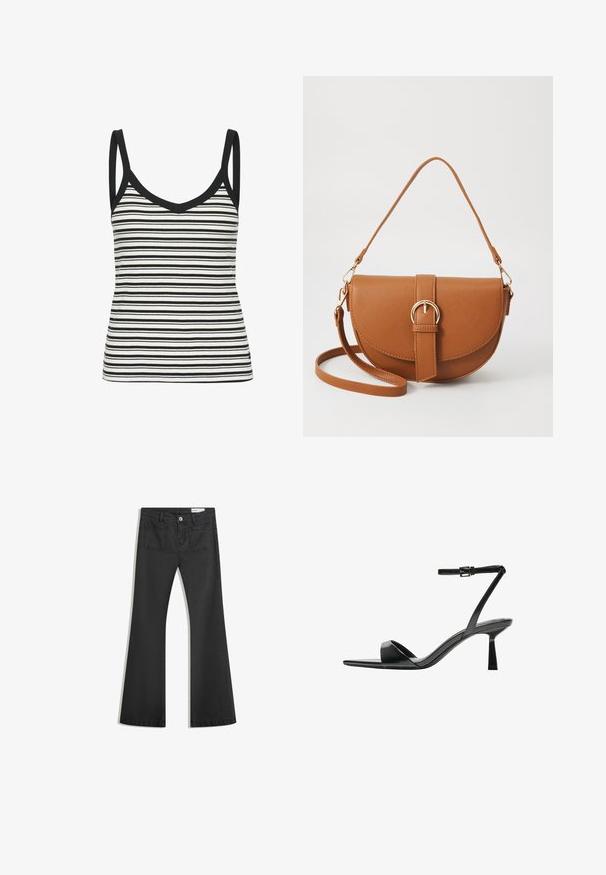 Black and white striped tank top with a v-neck and thin straps, featuring a ribbed texture and black trim along the neckline and armholes.; Black flared jeans made of denim with a smooth texture, featuring two back pockets and a button closure at the waist.; Bershka High heeled sandals - black; Brown leather crossbody bag with a curved shape, gold hardware, and a buckle accent. Features a detachable shoulder strap.