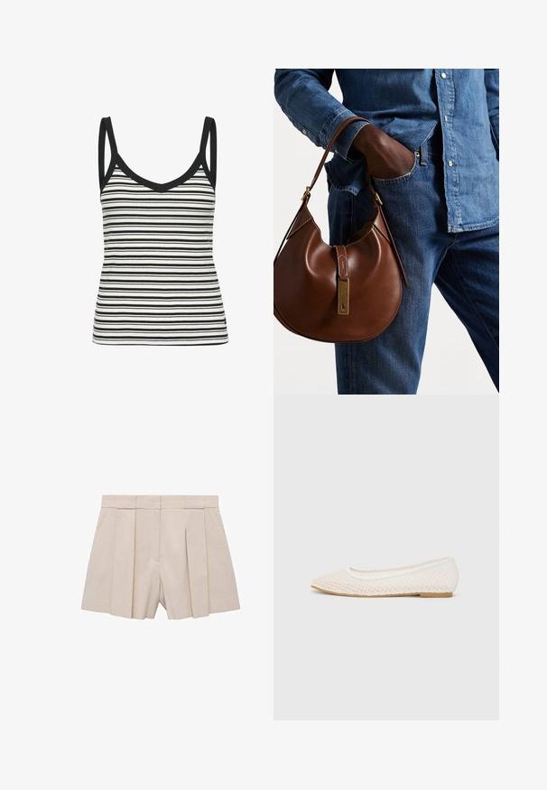 Črno-bela črtasta majica brez rokavov z V-izrezom in tankimi naramnicami, ki ima ribasto teksturo in črno obrobo ob izrezu in armholes.; Bež kratke hlače z pregibi, oblikovane po meri, z visokim pasom in gladko teksturo. Štirje sprednji pregibi ustvarjajo volumen. Brez žepov.; Bele teniske z belim mrežastim dizajnom, s koničastim nosom in nizkim ravnim podplatom. Teksture zgornji del z gladkim oblogom in subtilnimi kontrastnimi robovi.; Rjava usnjena hobo torba zaobljene oblike, ki vsebuje zlatokovinske dodatke in kontrastno šivanje. V kombinaciji z denim srajco in kavbojkami.