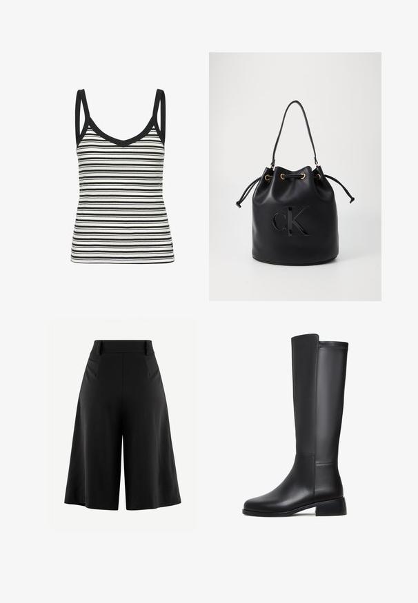 Top a righe bianche e nere con scollo a V e spalline sottili, caratterizzato da una texture a coste e bordo nero lungo il collo e le aperture delle braccia.; Pantaloni neri a gamba larga con frontale plissettato, vita alta e tessuto dalla texture liscia. Presentano un design pulito e minimale senza hardware visibile.; Stivale in pelle nera al ginocchio con texture liscia, punta rotonda, tacco basso a blocco e dettagli di cucitura sottile lungo il lato.; Borsa a secchiello in pelle nera con chiusura a cordoncino, caratterizzata da un logo "CK" lucido sulla parte anteriore e dettagli in hardware dorato.