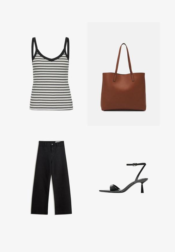 Sort og hvid stribet tanktop med v-hals og tynde stropper, med en ribbet tekstur og sort kant langs halsudskæringen og ærmegabene.; Sorte wide-leg denim bukser med høj talje, der har front- og baglommer, syede sømme og en knaplukning. Glat tekstur.; Bershka Højhælede sandaletter / Højhælede sandaler - black; Brun læder tote taske med en glat overflade, åben topdesign og to skulderremme. Har minimal syning og ingen synlig hardware.