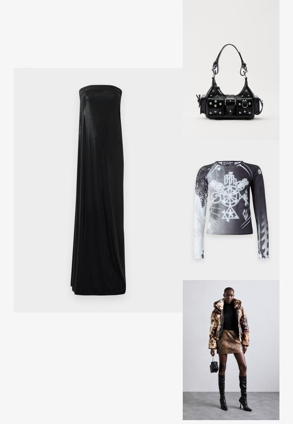 Dlouhý rukáv top s černobílým gradientem, s grafickými symboly v šedých odstínech. Vyrobeno z hladkého, lehkého materiálu.; Černé dlouhé šaty bez ramínek vyrobené z hladké, lesklé textilie. Mají přiléhavý korzet a splývavý střih, sahající až k zemi, bez ozdob.; Puffa bunda s hnědým a černým vzorem, zkombinovaná s hnědou mini sukní s hadím vzorem, černými vysokými botami a malou černou taškou.; Černá kožená kabelka s křivkovým designem, zdobená stříbrnými hřebíky, s přezkou a dvěma bočními kapsami. Nastavitelný popruh pro různé možnosti nošení.