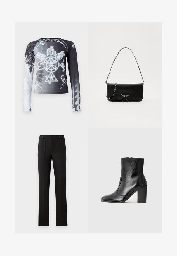 Top de manga longa com um gradiente em preto e branco, apresentando símbolos gráficos em tons de cinza. Feito de um tecido leve e suave.; Calças pretas ajustadas com perna reta, dois bolsos frontais, fecho com botão e detalhes de pregas na parte da frente. Textura de tecido suave.; Bota ankle preta em pele com uma textura suave, bico fino e um salto alto robusto. Apresenta uma abertura lateral e um design minimalista.; Saco de couro preto com uma alça de corrente prateada, apresentando ornamentos em forma de asas e costura branca ao longo da costura inferior.