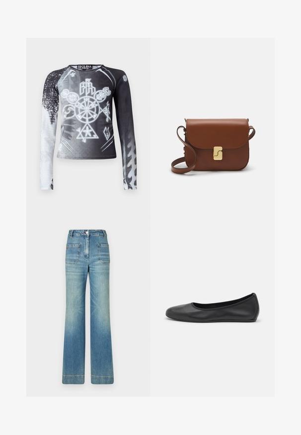 Hosszú ujjú felső fekete és fehér gradienttel, grafikus szimbólumokkal szürke árnyalatokban. Simogatós, könnyű anyagból készült.; Világoskék, trapéz szabású farmernadrág öt zsebbel, övhurkokkal, gombos záródással és enyhén fakó textúrával, a hátsó részén egy piros logó részlettel.; Fekete bőr balettcipő lekerekített orral, sima tekstúrával, minimális varrással és rugalmas talp kialakítással.; Barna bőr kézitáska, hajtókás zárással, arany színű fém kiegészítőkkel, vállpánttal és sima felülettel. Kompakt téglalap alakú.