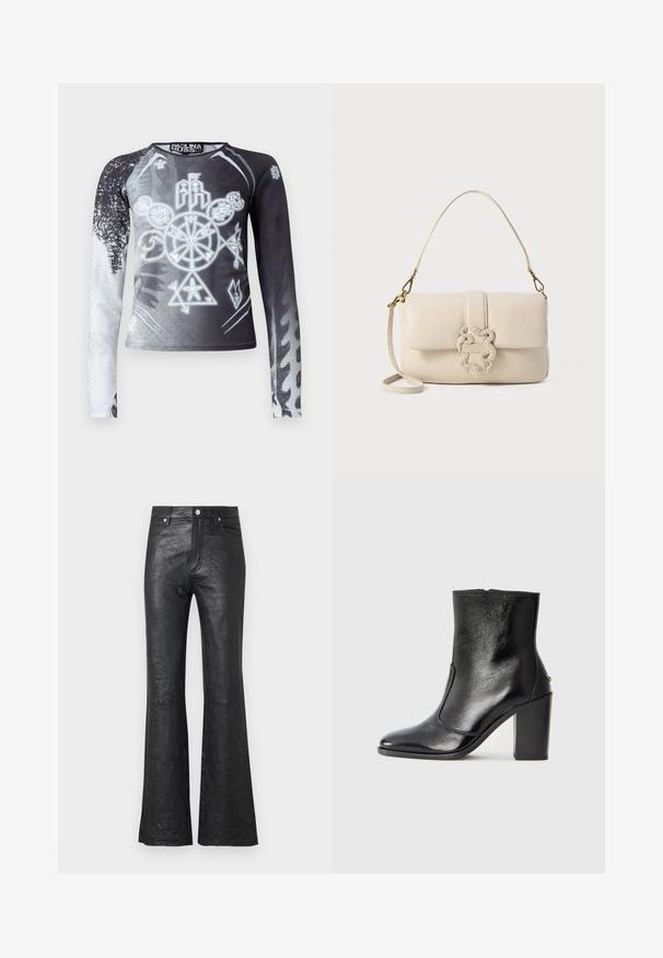 Maglietta a maniche lunghe con gradiente in bianco e nero, caratterizzata da simboli grafici in tonalità di grigio. Realizzata in tessuto morbido e leggero.; Pantaloni in pelle nera a zampa d'elefante con texture stropicciata, vita alta, tasche frontali e chiusura classica con bottone e zip.; Stivale alla caviglia in pelle nera, con una superficie liscia, punta affilata e tacco alto e massiccio. Presenta una apertura laterale e un design minimalista.; Borsa a tracolla in pelle crema con chiusura a patta, hardware dorato e un accento decorativo intrecciato. Dotata di una tracolla staccabile.