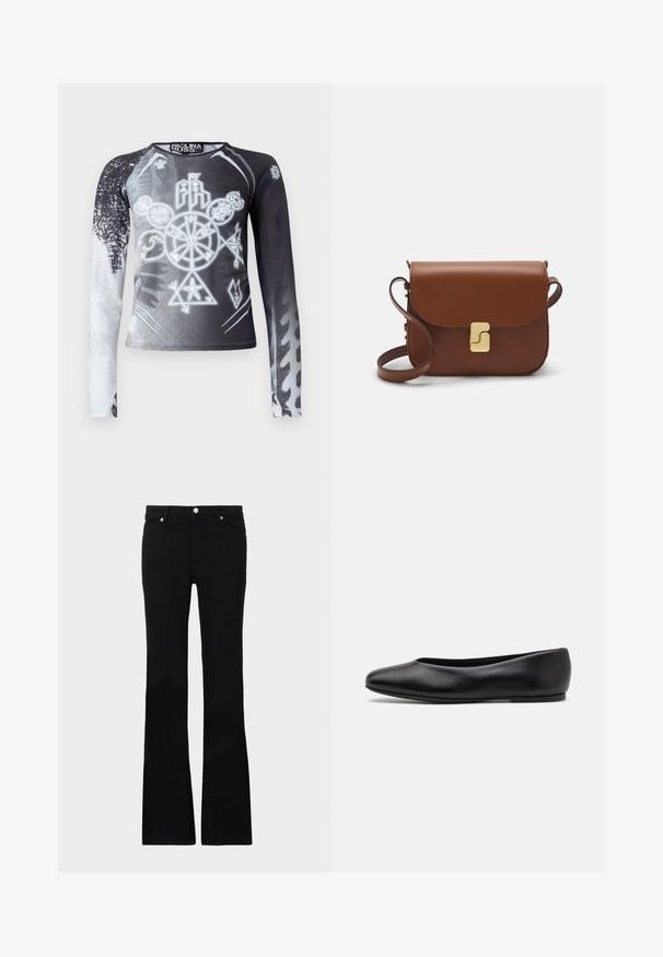 Majica z dolgimi rokavi v črno-beli gradientni barvi, ki ima grafične simbole v odtenkih sive. Narejena je iz gladkega, lahkega blaga.; Črne zvonaste kavbojke iz denima, ki imajo dve sprednji žepi, gumbasto zapiranje in gladko teksturo. Oznaka zašite vidna na šivih.; Paul Smith TOPANGA - Balerinke - black; Rjava usnjena torbica s poklopcem, zlato obarvani okovi, naramnica in gladka tekstura. Kompaktna pravokotna oblika.