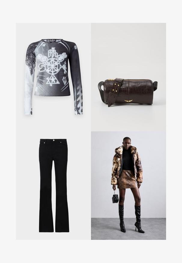 Pitkähihaista toppia musta-valkoisella gradientilla, jossa on graafisia symboleita harmaan sävyissä. Valmistettu sileästä, kevyestä kankaasta.; Mustat levenevät farkut, valmistettu denimi- materiaalista, varustettu kahdella etutaskulla, napin sulkimella ja sileällä pinnalla. Alussa näkyviä erityisompeleita.; Puffer-takki ruskealla ja mustalla kuviolla, yhdistettynä ruskeaan käärmeennahkakuosiseksi mini-hameeseen, mustiin polvimittaisiin saappaisiin ja pieneen mustaan laukkuun.; Ruskea krokotiilinkuosilla varustettu nahkalaukku, jossa on sylinterimäinen muoto, kultasävyiset yksityiskohdat ja irrotettava hihna, jossa on niittejä.