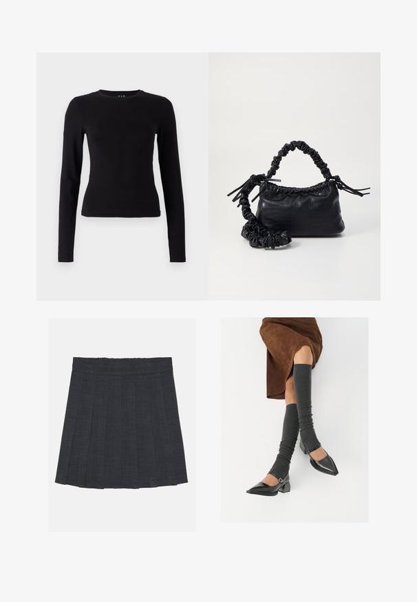 Czarny longsleeve z długim rękawem wykonany z miękkiej, lekkiej bawełny. Dopasowany krój z okrągłym dekoltem i prostym wykończeniem, bez widocznych wzorów czy akcentów.; Ciemnoszara spódnica plisowana z elastycznym pasem, wykonana z fakturowanej tkaniny, o klasycznym kroju A. Idealna do codziennych stylizacji.; Czarne lakierowane buty na szpilce z prostokątnym obcasem i paskiem na kostce, zestawione z szarymi prążkowanymi ocieplaczami na nogi oraz brązową zamszową spódnicą.; Czarna torebka z syntetycznej skóry o teksturze krokodyla, z zaciąganym górnym zamknięciem i marszczonym paskiem. Wygląda na miękką i zwartą w designie.