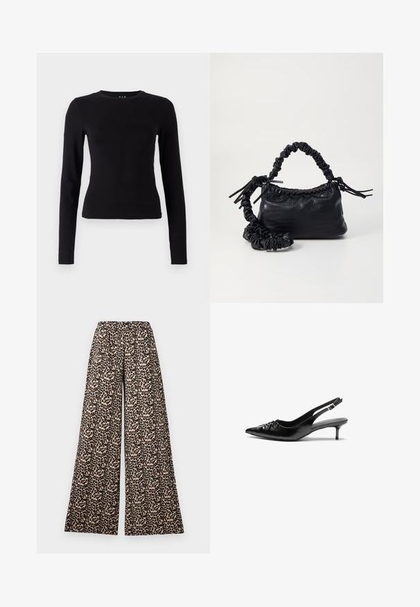 Schwarzes Langarmoberteil aus weichem, leichtem Baumwollstoff. Figurbetonter Schnitt mit Rundhalsausschnitt und geradem Saum, ohne sichtbare Muster oder Akzente.; Weite Hose mit elastischem Bund im beigen und braunen Leopardenmuster auf weißem Hintergrund.; Schwarze Leder-Slingback-Absätze mit einer spitzen Zehenform, kleinen Kitten-Absätzen und einem dekorativen Knoten-Detail auf der Vorderseite. Glatte Textur über die gesamte Fläche.; Schwarze Handtasche aus Kunstleder mit Krokodilstruktur, gerafftem oberen Teil und einem geschoppten Tragegurt. Sie wirkt weich und kompakt im Design.