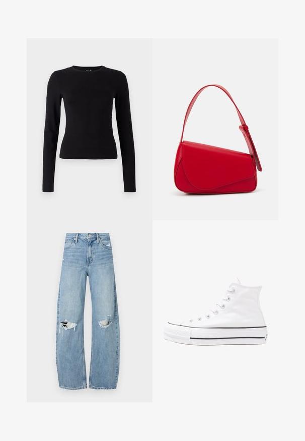 Černý dlouhý rukáv top vyrobený z měkké, lehké bavlny. Přiléhavý design s kulatým výstřihem a rovním lemem, bez viditelných vzorů nebo akcentů.; Světle modré džíny s vysokým pasem vyrobené z denimu. Mají široké nohavice, dvě roztržené oblasti na kolenou a klasický pětikapsový střih.; Bílé vysoké plátěné tenisky s černou gumovou podrážkou, přední gumovou špičkou a šesti očky na tkaničky, se čistým, minimalistickým designem.; Červená kožená kabelka s ostrým, geometrickým designem. Má jeden nastavitelný popruh a klopu s prošívanými detaily.
