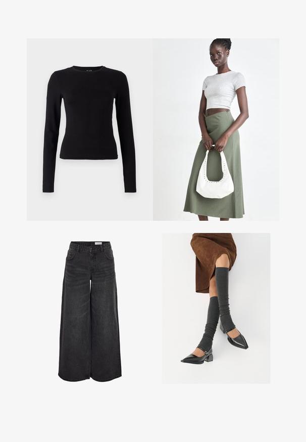Black long-sleeve top made of soft, lightweight cotton. Fitted design with a crew neck and straight hem, featuring no visible patterns or accents.; Wide-leg black denim pants with a high waist, front pockets, and subtle texture; designed for a relaxed fit.; Black patent leather pointed-toe shoes with a block heel and ankle strap, paired with gray ribbed leg warmers and a brown suede skirt.; Gray ribbed crop top and olive green high-waisted skirt. Model holds a white shoulder bag with cut-out detailing. Simple design, fitted silhouette.