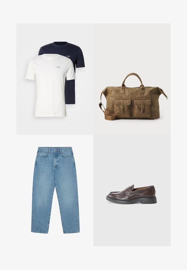 Zwei Rundhals-T-Shirts, eines in Weiß und eines in Marineblau, aus weichem Stoff gefertigt, mit einem kleinen Logo auf der Brust in einer kontrastierenden Farbe.; Hellblaue Jeans im weit geschnittenen Stil mit hoher Taille, ausgestattet mit fünf Taschen, Gürtelschlaufen und einer weichen, leicht verblassten Textur.; Braune Lederloafers mit glatter Oberfläche, runder Zehenpartie, minimaler Naht und dicker schwarzer Gummisohle. Kein sichtbares Zubehör oder Akzente.; Braune Ledertasche mit zwei Fronttaschen, verstellbarem Schulterriemen, goldfarbenen Beschlägen und stabilen oberen Griffen. Glatte Textur.