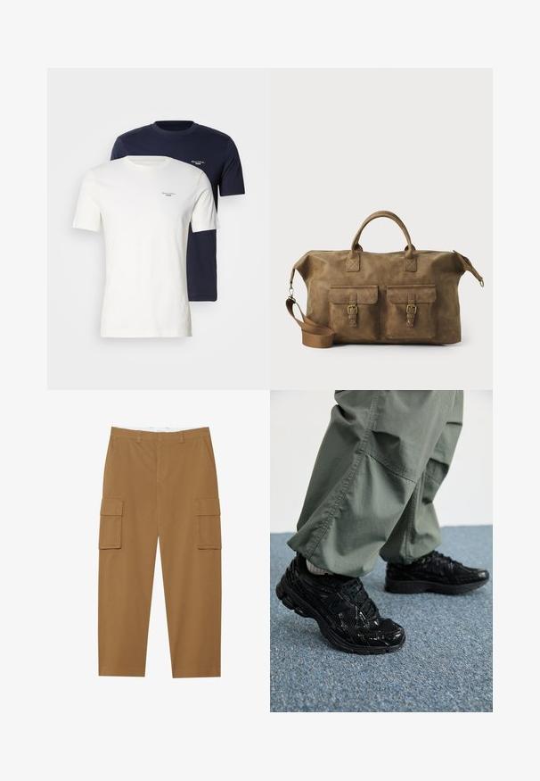 To crew-neck t-shirts, en hvid og en marineblå, lavet af blødt stof, med et lille logo på brystet i en kontrastfarve.; Brune cargo bukser med to sidelommer, flad front og lige ben. Fremstillet af et slidstærkt stof med en glat tekstur.; Sorte atletiske sneakers med blanke og mesh teksturer, der har en tyk sål og snørebånd, parret med løse olivengrønne cargo bukser.; Brun læder duffel taske med to forlommer, justerbar skulderrem, guldfarvet hardware og robuste top håndtag. Glat tekstur.