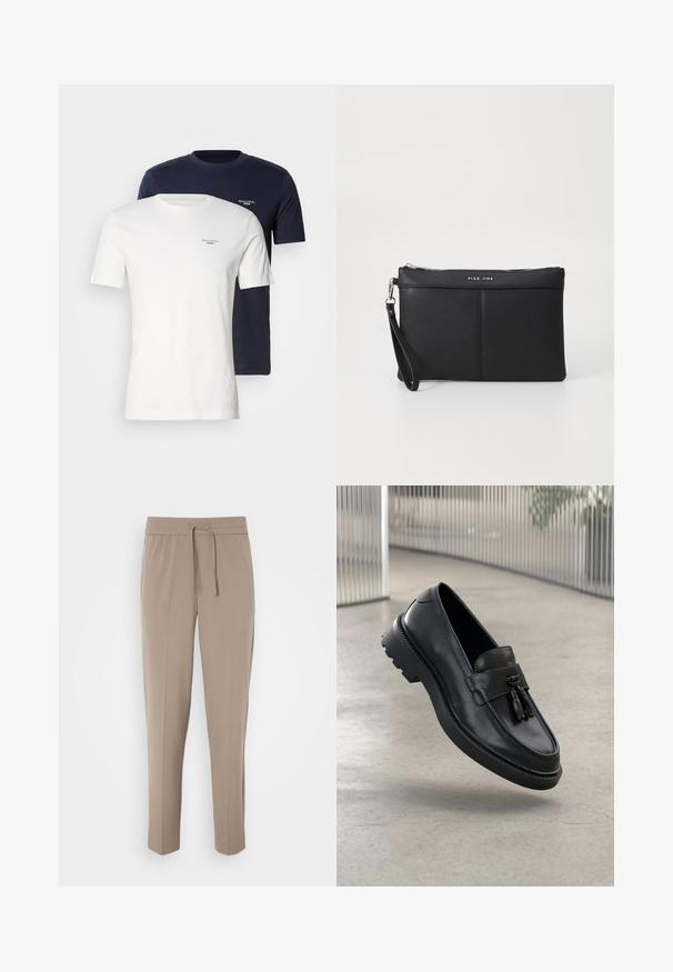 Due magliette a girocollo, una bianca e una blu navy, realizzate in tessuto morbido, con un piccolo logo sul petto di colore contrastante.; Pantaloni beige chiaro con cintura elastica, cordoncino regolabile e gamba affusolata. Il tessuto appare liscio con una lieve lucentezza.; Mocassini in pelle nera con finitura liscia, nappe decorative, suola spessa in gomma e dettagli cuciti. Design leggero ed elegante.; Clutch sintetico nero con chiusura a zip, cinturino da polso e una texture liscia. Presenta cuciture sottili e un logo impresso sul davanti.