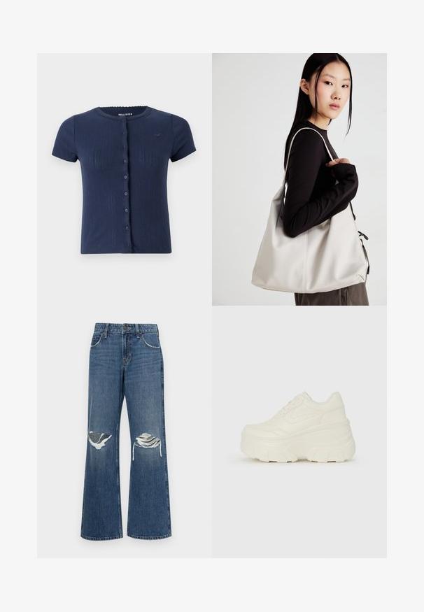 Tengerész kék bordázott, rövid ujjú kardigán, kerek nyakkivágással, fodros szélekkel és hat gombbal az elején. Diszkrét logó a mellkasán.; Középkék, bő szabású farmernadrág, különleges térd-szakítékokkal, nyers szegéllyel és klasszikus, öt zsebes dizájnnal, fém gombos záródással.; Fehér platform sportcipők, sima bőrszerű felsőrésszel, kerek formával, párnázott bokával és texturált gumitalppal, jól definiált mintázattal.; Puha anyagból készült bézs kézitáska, laza dizájnnal, varrott részletekkel és két vállpánttal. Mindennapi használatra alkalmas.
