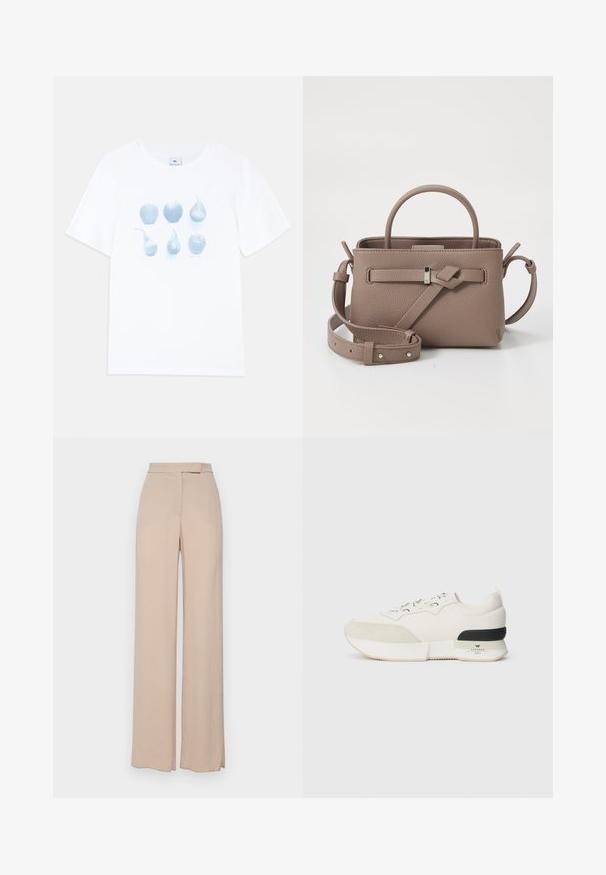 Vit bomull T-shirt med en blå grafik av sex fruktillustrationer: tre äpplen och tre päron, som varierar i form och storlek.; Beiga vida byxor gjorda av ett lätt material. Har en slät yta, framfickor och en subtil design på midjebandet.; Vit sneakers med en texturerad mocka tåbox, slät meshovandel, dekorativa snören och en svart gummihälaccents.; Taupe texturerad läderhandväska med topphandtag, justerbar axelrem och dekorativ knutdetalj på en ren vit bakgrund.