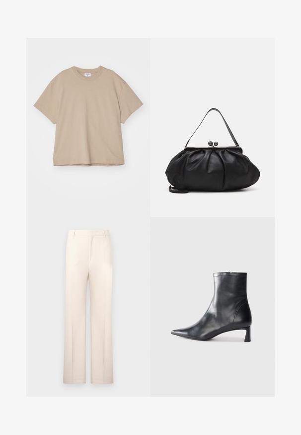 Filippa K OVERSIZED TEE - T-shirt basic - taupe; Beige pantalon met een rechte pijp, gemaakt van lichtgewicht stof. Bevat voorplooien en een klassieke tailleband.; Zwarte leren enkellaars met een spitse neus en een slank ontwerp. Heeft een lage hak en een ritssluiting aan de achterkant. Gladde textuur.; Zwarte leren handtas met een afgerond, geplooid ontwerp. Voorzien van een metalen sluiting met twee decoratieve bollen en een smalle, afneembare schouderband.