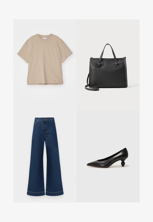 Filippa K OVERSIZED TEE - T-shirt basique - taupe; Jeans en denim bleu à taille haute et jambes larges, avec une fermeture à bouton, des passants de ceinture et des détails de couture subtils le long des poches et des ourlets.; Chaussure à talon haut en cuir noir avec un bout pointu et un talon arrondi. Texture lisse avec un design épuré et minimal.; Sac à main en cuir noir avec une finition texturée, de forme rectangulaire, deux poignées supérieures et une bandoulière détachable. Détails de couture contrastante.