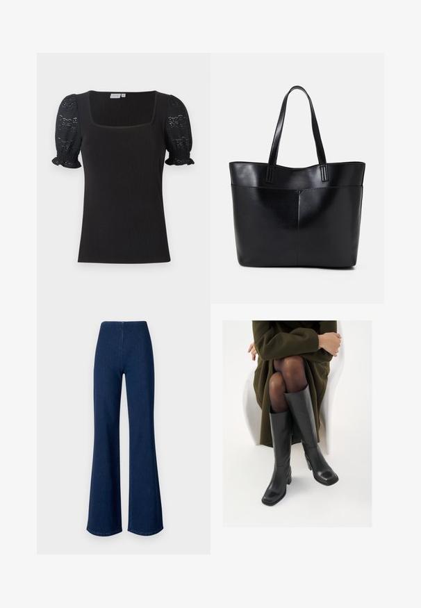 Črn rebrast top s kvadratnim izrezom in kratkimi, napihnjenimi rokavi iz čipke. Ima oprijet kroj in nabirane robove rokavov.; Temno modri traper hlače s širokimi nogavicami in elastičnim pasom. Imajo gladko teksturo in širok kroj, ki se razširi do roba.; Črne usnjene čevlje do kolen s kvadratnim prstom in blok peto, prikazani na modelu, ki sedi v olivno zeleni plašču. Gladka tekstura, minimalne podrobnosti.; Črna usnjena torba z dvema dolgima ročajema, gladko teksturo in strukturirano obliko. Ima sprednji žep za dodatno shranjevanje.
