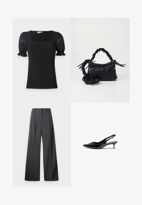 Mustmustükk musta vertikaalriba top, millel on ruudukujuline kaelus ja lühikesed puffvarrukad, mis on valmistatud pitsist. Omab keha lähedast lõiget ja kogutud varrukaäärtega.; Tumesed püksid tumesinises kangas, kõrge vöökoht, üks voldik ning sile struktuur puhaste ääristega.; Musthave nahkased kõrged kontsad, millel on terav varvas, väike kitten-kont ja dekoratiivne sõlm ees. Ühtlane sile tekstuur.; Must must sünteetilisest nahast käekott, millel on krokodillimuster, kokku tõmmatav ülaosa ja kortsus rihm. Tundub pehme ja kompaktne disain.