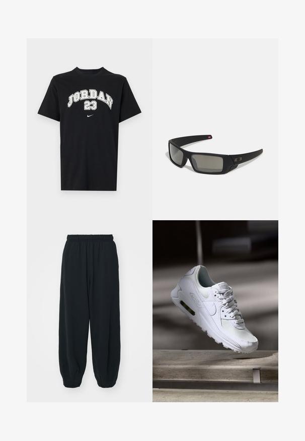 Juodas medvilninis marškinėliai su trumpomis rankovėmis, su baltu užrašu "JORDAN" ir "23", bei mažu Nike logotipu apačioje.; Juodi, su elastiniu juosmeniu sportiniai kelnės su laisvu siluetu, suapvalintais kulkšnimis, lygia tekstūra ir be matomų raštų ar metalinių akcentų.; Baltos Nike Air Max 90 sportbačiai su.comi ir odos viršumi, perforuota pirštų dėžute ir matomu oro pagalvėle kulne.; Juodi akiniai saulės su matinio paviršiaus užbaigimu, stačiakampiai lęšiai, švelnus lenkimas ant šventyklų, subtilus logotipo detalizavimas ir dūminiai lęšiai.