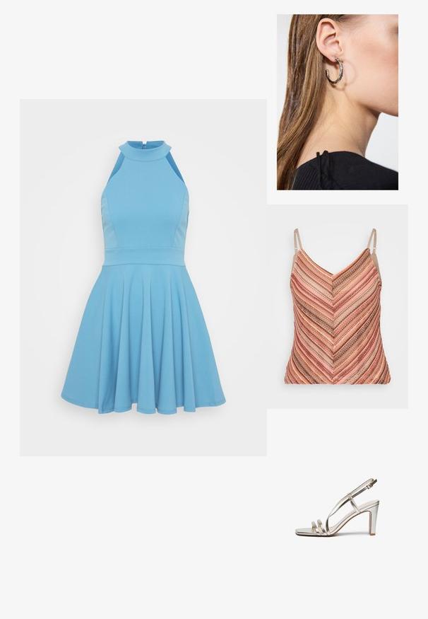 Top ar regulējamu jostu, kas iezīmējas ar V veida dekoltē, un tas izceļas ar teksturētām chevron svītrām rozā, bēšā un brūnā krāsā.; Gaiši zils bezpiedurkņu kleita ar augstu dekoltē, pieguļošu korseti un izplestu svārku. Izgatavota no gludas auduma ar krokotā dizaina elementiem.; Metāliski sudraba augstpapēžu sandaļi ar atvērtu purngalu, kas aprīkoti ar trim plāniem siksniņām pāri pēdai un potītes siksniņu ar sprādzi.; Zelta metalizēta sajūga soma ar gludu tekstūru, kuru rotā trīsstūrveida vāks. Rokai, kas to tur, ir kārtīgi apgriezti nagi.; Sudraba auskars ar pulētu apdari, ar maziem zelta akcentiem un apaļu formu, uz ausu ļipiņas.