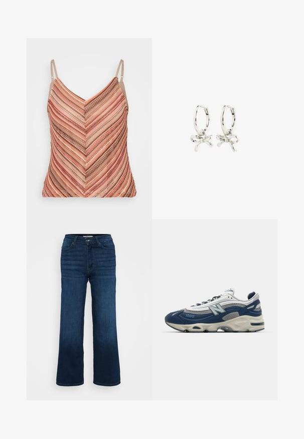 Top ar regulējamu jostu, kas iezīmējas ar V veida dekoltē, un tas izceļas ar teksturētām chevron svītrām rozā, bēšā un brūnā krāsā.; ONLY Petite ONLMADISON BLUSH WIDE - Džinsi ar platām starām - dark blue denim; Jaunie New Balance 1000 tenisi navy un pelēkā sieta, kas aprīkoti ar mīkstu zoli, teksturētu akcentu un izteiktu logotipu sānos.; Sudraba auskari ar gredzenu formu un saites dizainu, ar gludu apdari un pulētu tekstūru. Kompakts, minimālisma stils, kas piemērots dažādām reizēm.